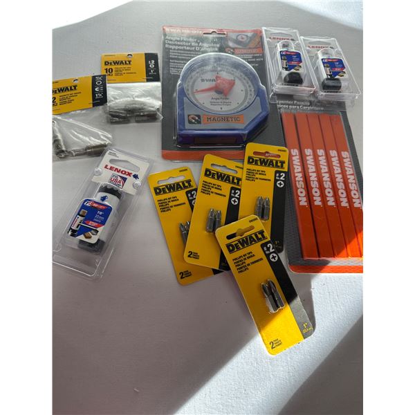 Tool Lot Swanson Angle Finder + Carpenter Pencils + 3 Lenox Bi-Metal Hole Saws + DeWalt Bits