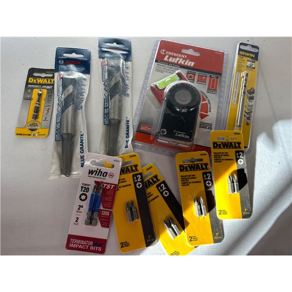 Tool Lot 2 Bosch Hammer Drill Bits + Specialty Angle Finder Level + Assorted Drill Bits