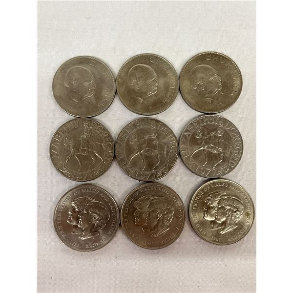 9 Crowns Great Britain 1981 Charles & Diana Wedding Commemorative, 1977 Queen's Jubilee & 1965 Great