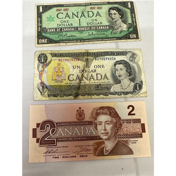 3x Canadian Bank Notes - 1867-1967 $1, 1973 $1, & 1986 $2