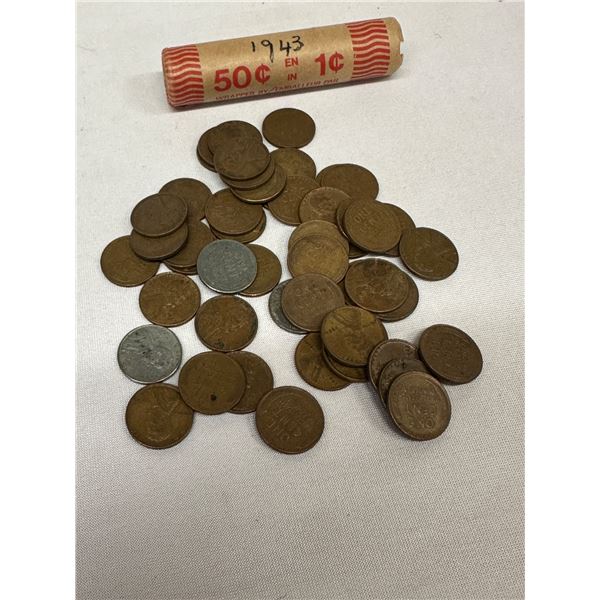 50x 1909-1958 Mixed Wheat Cents &  50x 1943 Canada George VI 1-cents