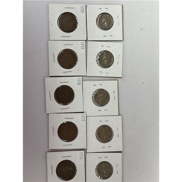 1916-1920 Large Cents (5) Lot & USA Buffalo Nickels (5) Lot 1919, 1930, 1935, 1936, 1937