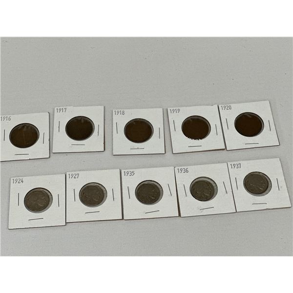1916-1920 Large Cents (5) Lot & USA Buffalo Nickels (5) Lot 1924, 1927, 1935, 1936, 1937