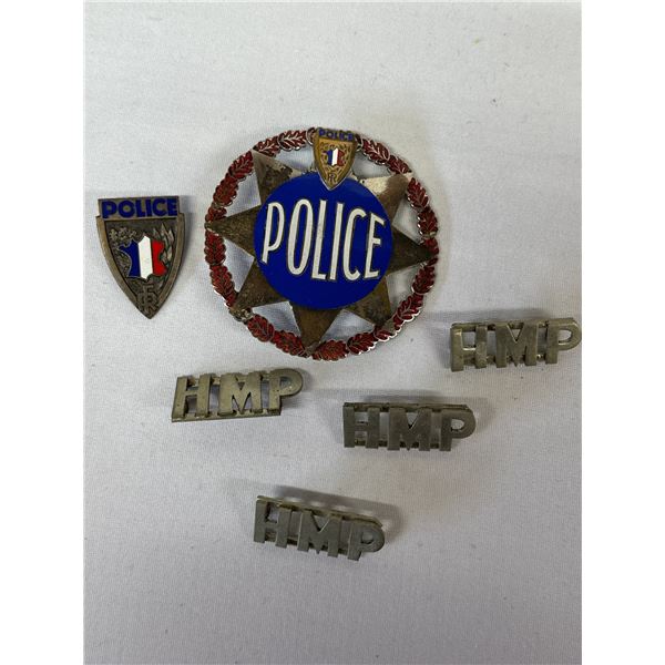 Obsolete French Police Cap Badge + National Police Pin + 2 Her Majesty HMP Shoulder Titles