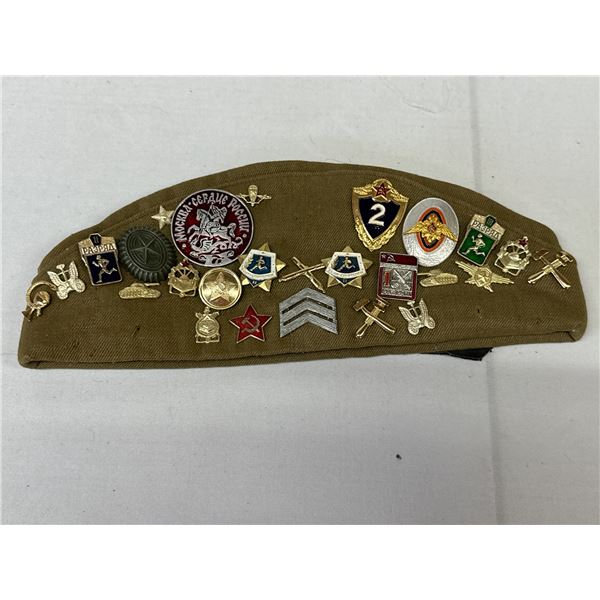 Vintage Russian USSR Military Hat With Pins Badges Pilotka Soviet Cap