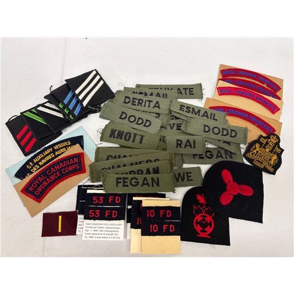Military Cloth Shoulder Titles, US Navy Seaman Chevrons & Name Tags Lot