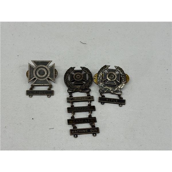 2 Stamped Sterling Marksman Army Qualification Badges + 1/20 S.F. – Rifle, Machine Gun ECT