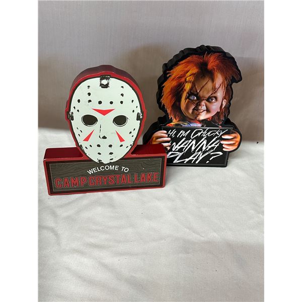 Chucky & Jason Wooden Wall/Shelf Art – Wanna Play Mug Shot + Welcome To Camp Crystal Lake