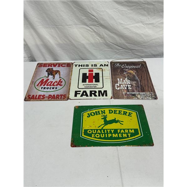 Man Cave Starter Set 4 Lot John Deere, Mack & Harvester Vintage-Style Tin Signs