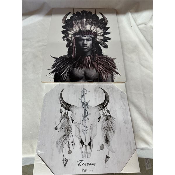 Tribal Chief Artwork On Wood Slats 15" X 12" + Bull Skull Feathers Artwork 11" X 11" 2 Lot