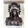 Image 2 : Tribal Chief Artwork On Wood Slats 15" X 12" + Bull Skull Feathers Artwork 11" X 11" 2 Lot