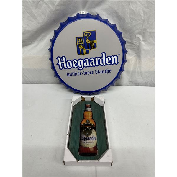 Hoegaarden Bottle Cap Sign, 14", & Wooden Beer Opener, Bar Decal
