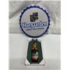 Image 1 : Hoegaarden Bottle Cap Sign, 14", & Wooden Beer Opener, Bar Decal
