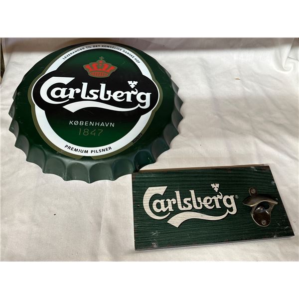 Carlsberg Bottle Cap Sign, 14", Wooden Beer Opener, Bar Decal