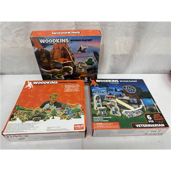 3 Woodkins Playsets, Veterinarian & Dino Mountain, Zookeeper Kids Wooden Toys