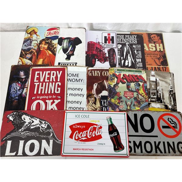 14-Piece Tin Sign Lot, 12" X 8" Pepsi, Coke & Man Cave Signs, Vintage Style Decor