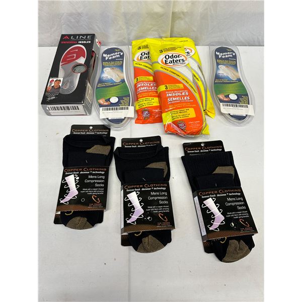 9-Piece Foot Care Lot, Compression Socks, Aline Insoles Size 9.5-10.5, Odor-Eaters Insoles