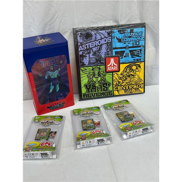 Retro Collectibles Lot, Atari 12" Canvas, GPK Micros, He-Man Lenticular Tin
