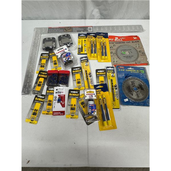 20+ Piece Tool Lot, Lenox Hole Saws, Saw Blades, Square, Tool Holsters, Drill Bits, T25 Bits & Irwin