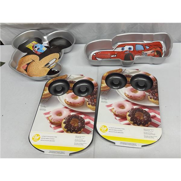 4-Piece Wilton Baking Pan Lot, Donut Pans, Mickey Mouse & Cars Baking Pans