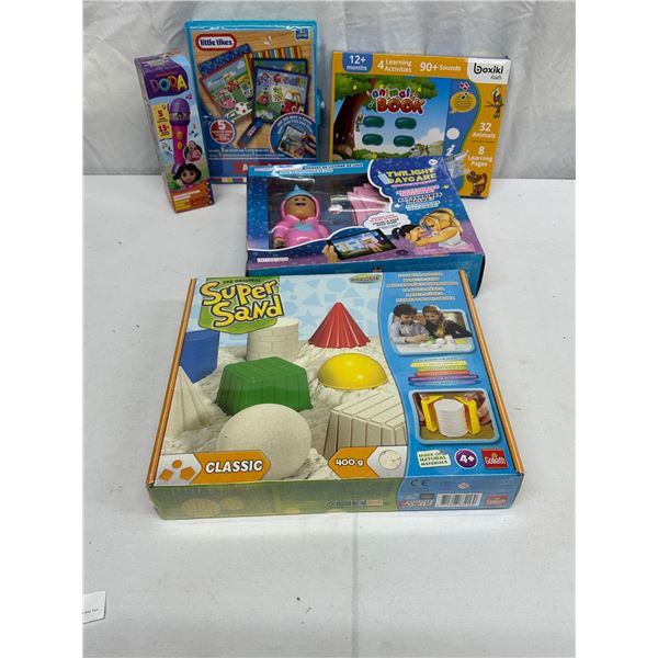 Kids Toy Lot, Super Sand, Dora Microphone, Animal Book, Aqua Art, Puzzles & Dice Game