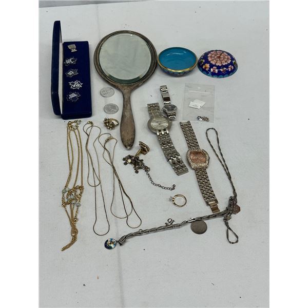 Grandma's Drawer Jewelry Lot, Antique Mirror Stamped Birks Sterling, Chains, Rings & Unverified Meta
