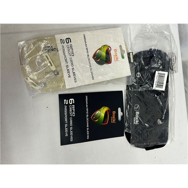 2 New Boxiki RFID Money Belts, Travel Passport Wallets, 8 Sleeves Each, Black & Grey