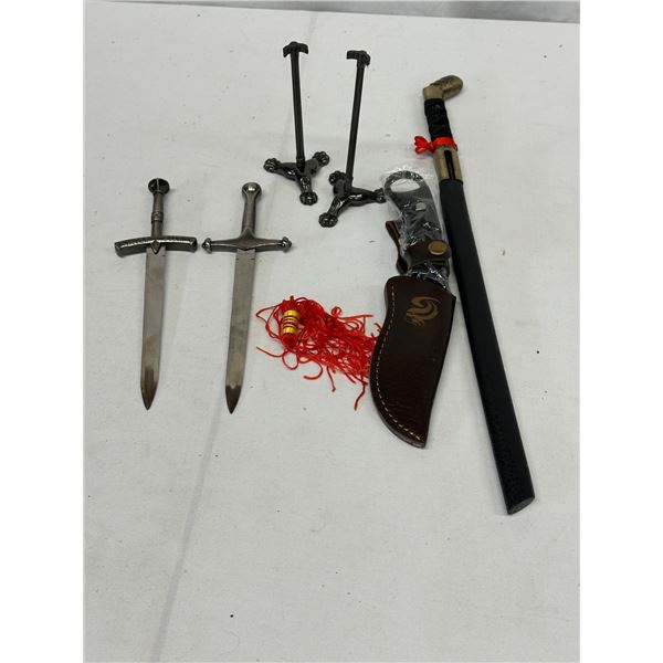17" Anime Sword, 2 Replica Sword Letter Openers With Stands & Tactical Knife Lot