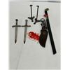 Image 1 : 17" Anime Sword, 2 Replica Sword Letter Openers With Stands & Tactical Knife Lot