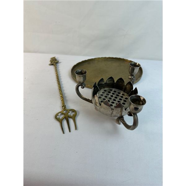 Brass Tray & Silver Plate Lotus Candle holder