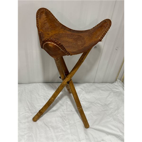 Leather and Wood Folding Stool