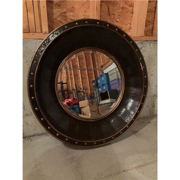 Large Round Wall Mirror with Faux Leather Studded Frame, 33 Inches
