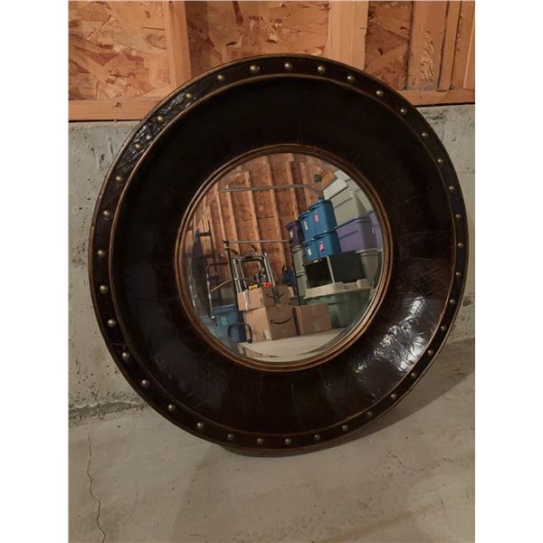 Large Round Leather and Brass Studded Wall Mirror, 36 Inches