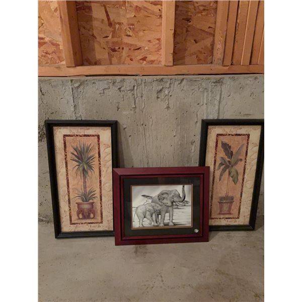 Framed Elephant Art Print and Two Framed Botanical Prints, 3 Pieces