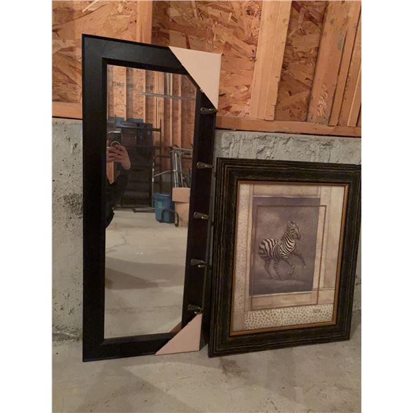 Wall Mirror With Hooks and Framed Zebra Art Print