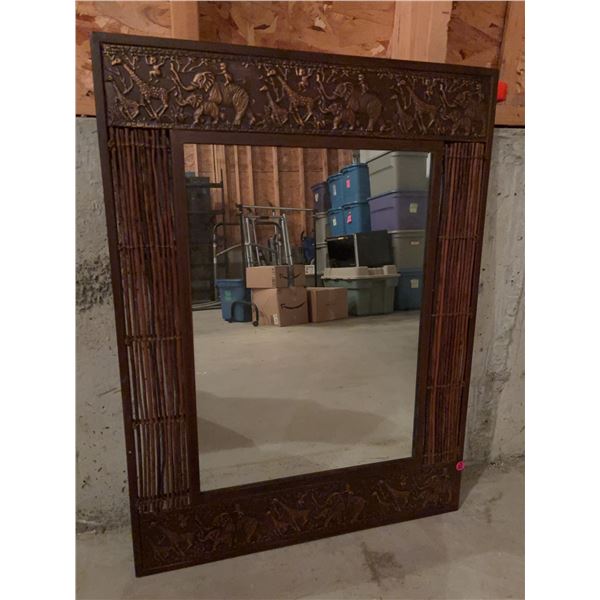 Carved Wood and Wicker Framed Mirror With Animal Relief, 32" x 24"