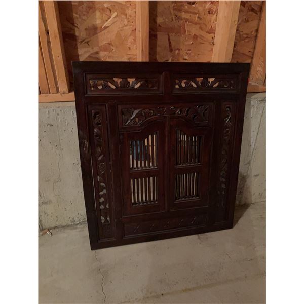 Ornate Wooden Mirror with Shuttered Doors and Carved Frame 37 x 33 in