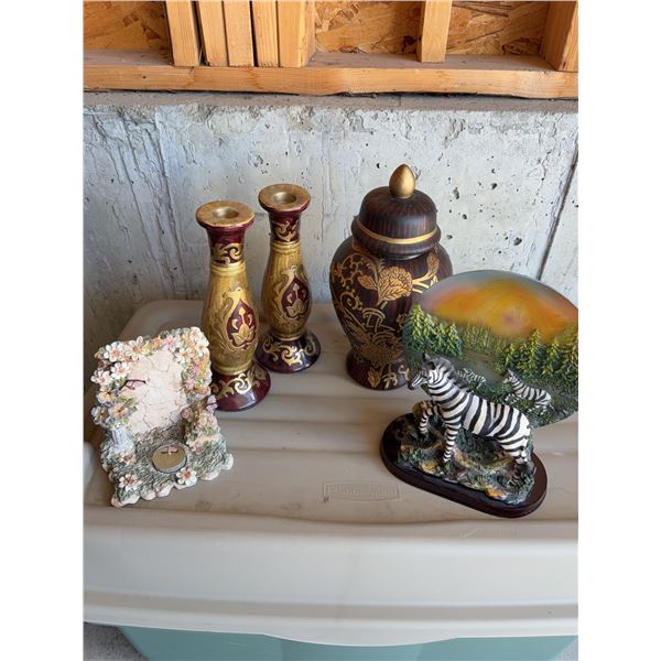 Decorative Mixed Decor Group: Candlesticks, Jar, Zebra Ornament, Tealight Holder