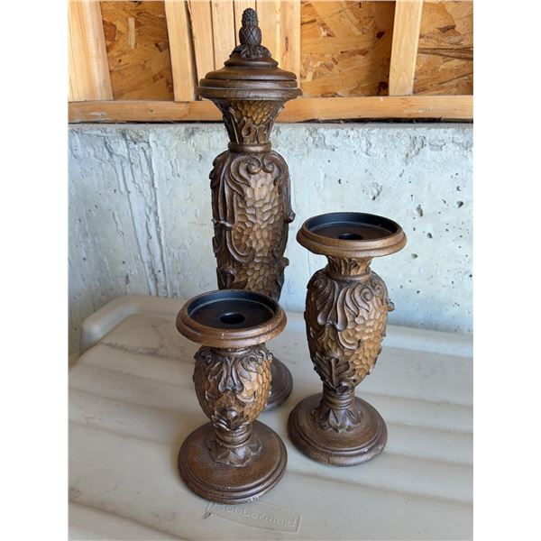 Three Ornate Wood Finish Candle Holders with Decorative Pineapple Motif