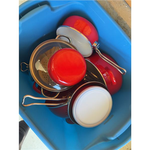 Red Enamel Cookware Mixed Lot Including Pots, Frypans, Lids, Colander