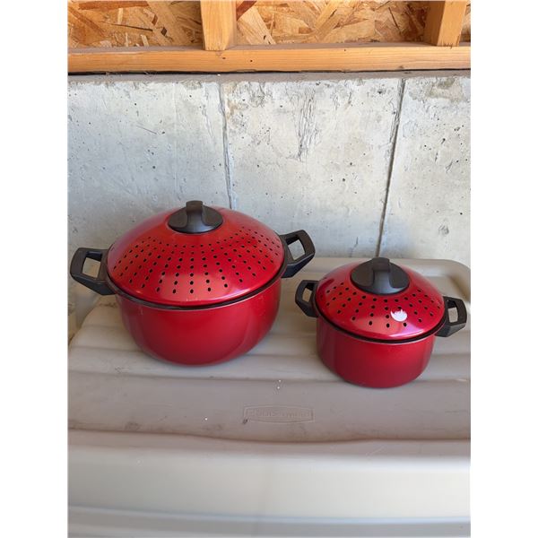 Two Red Enamel Stock Pots with Locking Strainer Lids