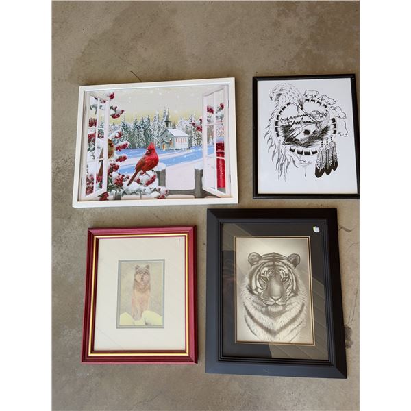 Framed Wall Art Lot: Cardinal Winter Scene, Wolf, Tiger, and Native American Themed Drawing