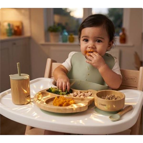 Lovely 5 pc Squirrel Natural Bamboo Children's Dinner Set in Decorative Storage Box