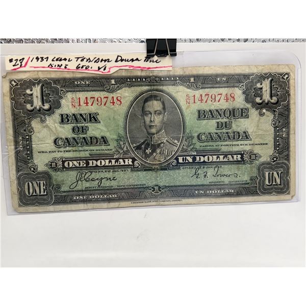 1937 Bank of Canada $1 Note, King George VI