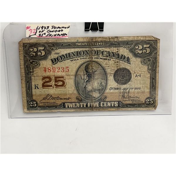 1923 Dominion of Canada 25 Cent Note shinplaster