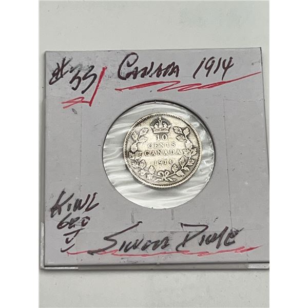 Canada 1914 Silver 10 Cents Coin