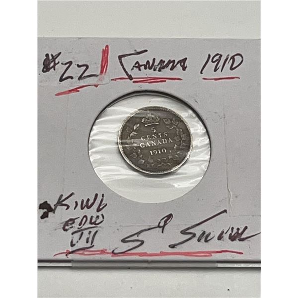 1910 Canada 5 Cents Silver Coin