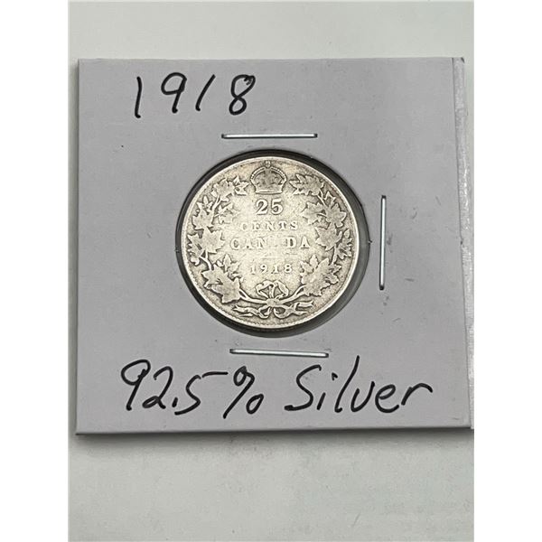 1918 Canada 25 Cents Silver Coin