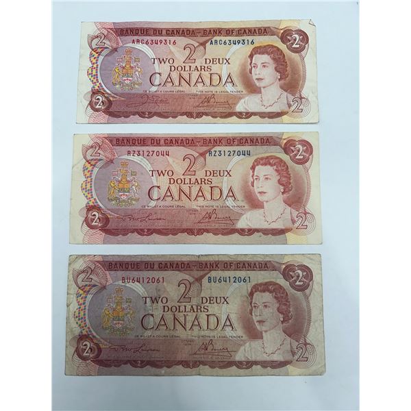 Three Canadian $2 Banknotes (1974 Series)