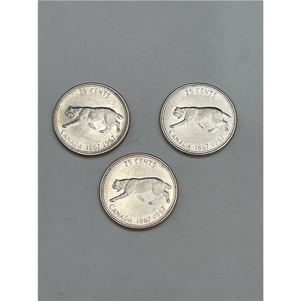 Canada 1867-1967 Bobcat 25 Cent Coins, Set of 3
